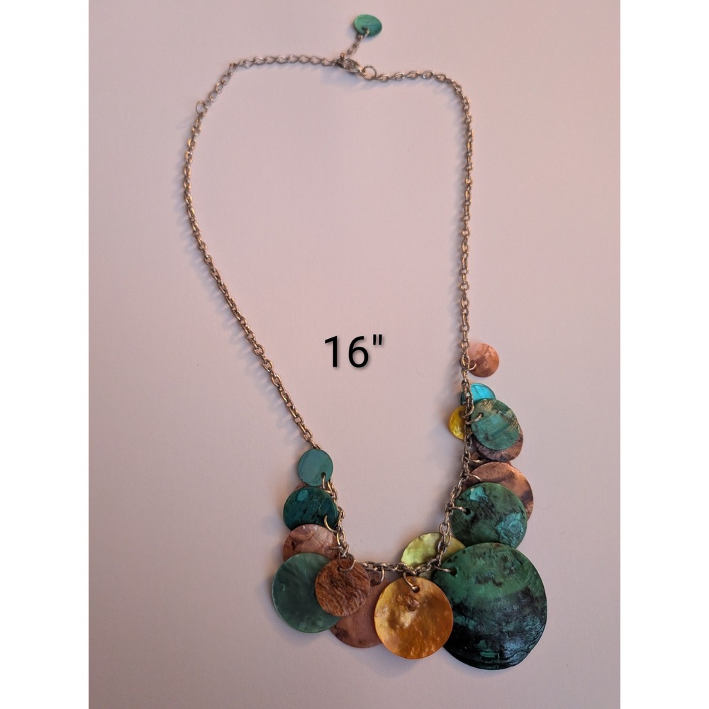 Boho Shell Disc Statement Necklace Teal Copper Iridescent Bib Necklace 16 Inch